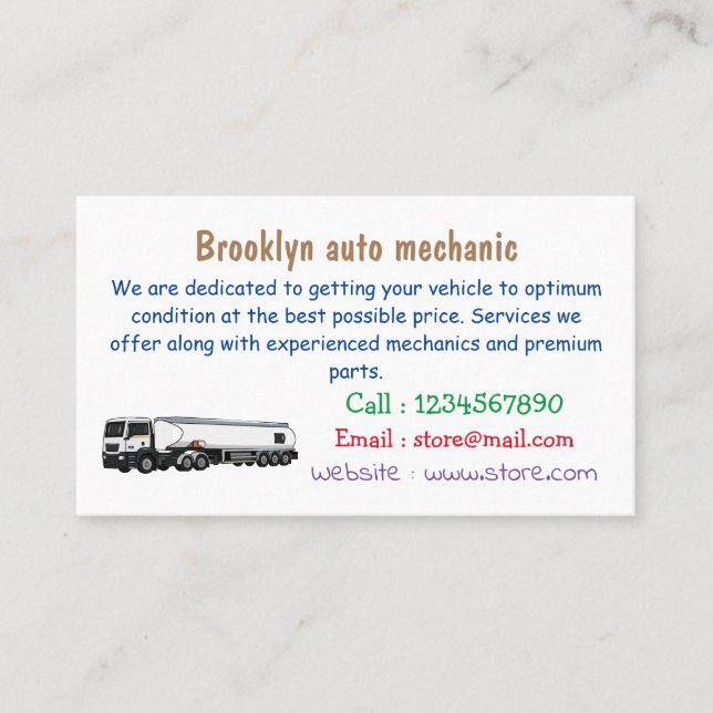 Tanker truck fuel transport cartoon illustration business card (Front)