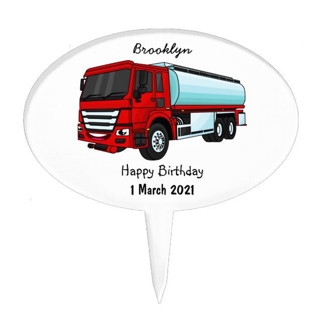 Tanker truck fuel transport cartoon illustration cake topper (Front)