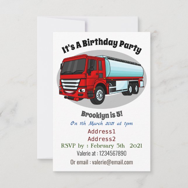 Tanker truck fuel transport cartoon illustration invitation (Front)