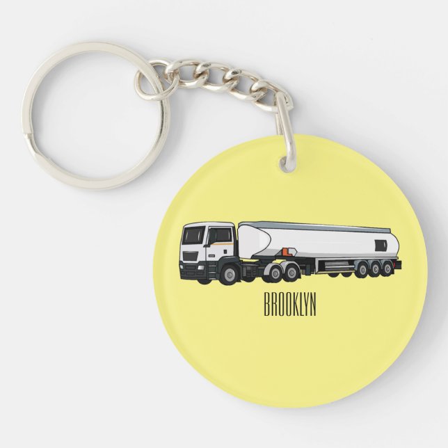 Tanker truck fuel transport cartoon illustration keychain (Front)