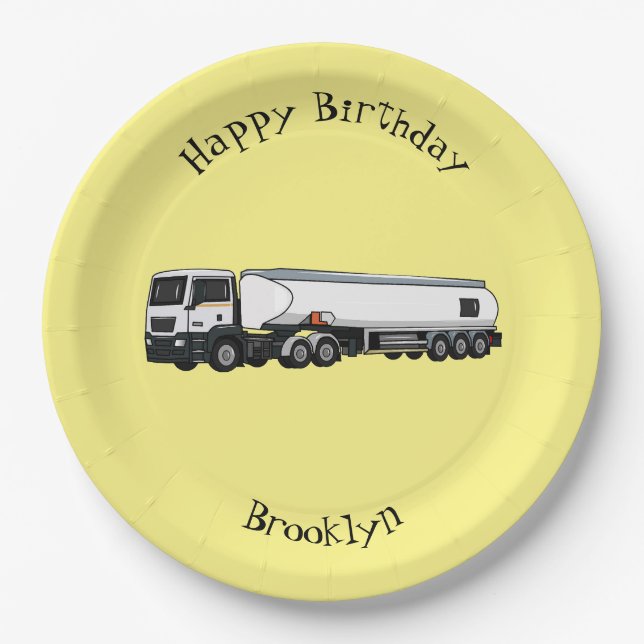 Tanker truck fuel transport cartoon illustration paper plates (Front)