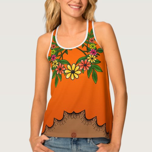 Tanned Belly Sunset Orange Hippie Flower Lei Tank Top