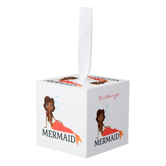 Tanned Brunette Mermaid Thunder_Cove Cube Ornament (Front Angled)