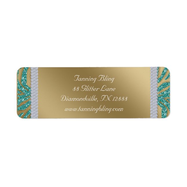 Tanning Salon Glitter Zebra Teal Gold Label (Front)