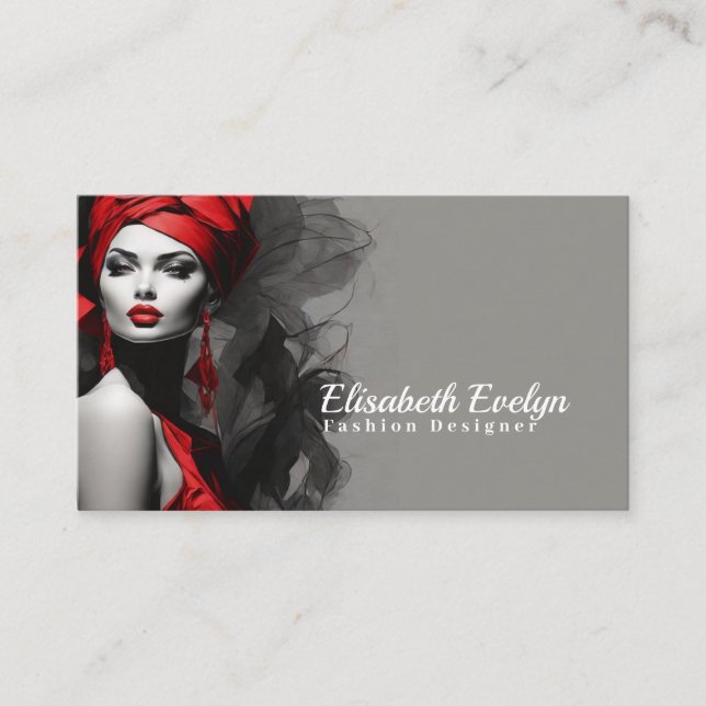 Tantalizing Elegance: Woman in Red with Bold Black Business Card (Front)