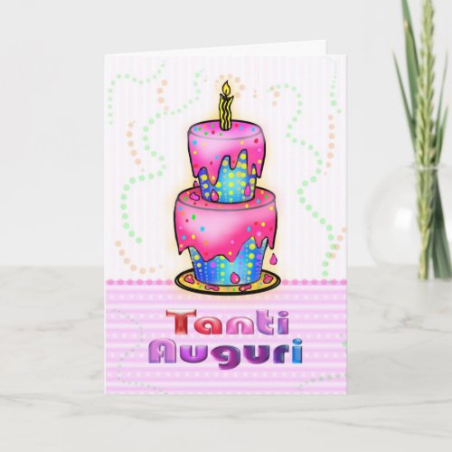 Tanti Auguri Italian Happy Birthday Cake pink blue Card