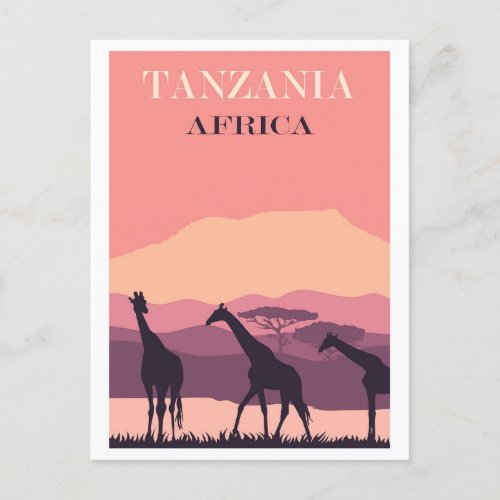 Tanzania Africa Pink Vintage Giraffe Travel Postcard