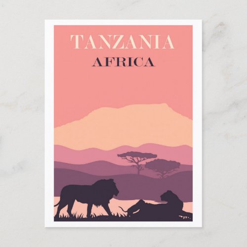 Tanzania Africa Pink Vintage Lion Travel Postcard