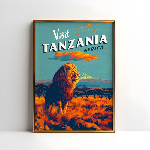 Tanzania Africa Vintage Travel Print Poster Lion