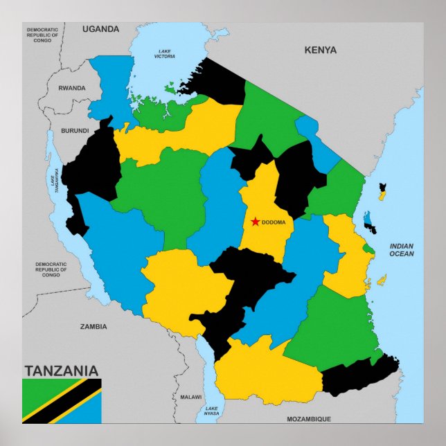 Tanzania country political map flag poster (Front)