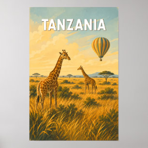 Tanzania Hot Air Balloon Illustration Travel Art Poster
