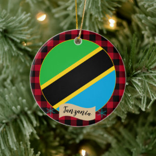 Tanzania, Red buffalo plaid & Tanzanian Flag Ceramic Ornament