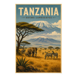 Tanzania Safari Zebra Illustration Travel Art Poster