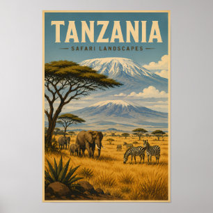 Tanzania Safari Zebra Illustration Travel Art Poster