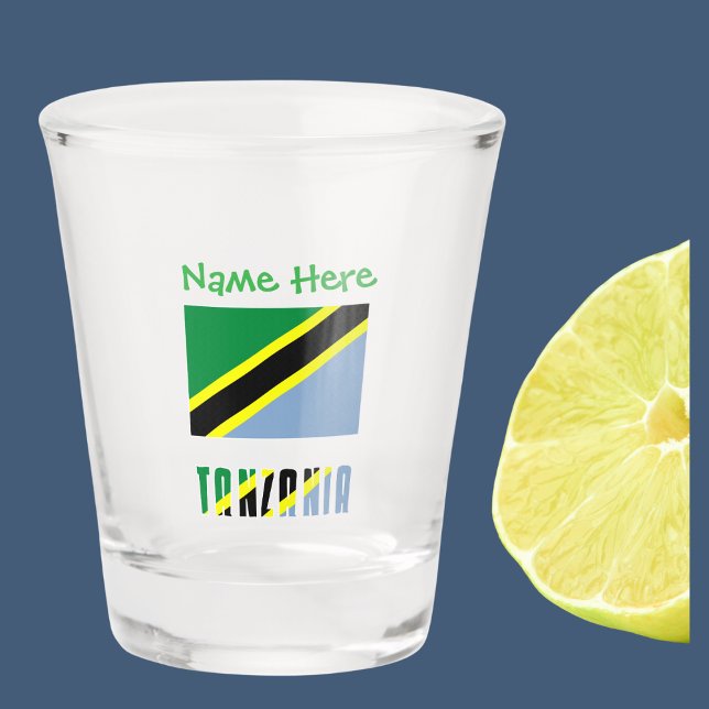 Tanzania Tanzanian Flag Green Personalized  Shot Glass (Shot glass has Tanzanian flag with words TANZANIA below in flag colors. Add a name above.)
