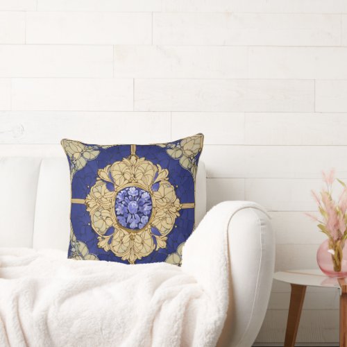 Tanzanite Blossom Art Nouveau Floral Print with T Throw Pillow