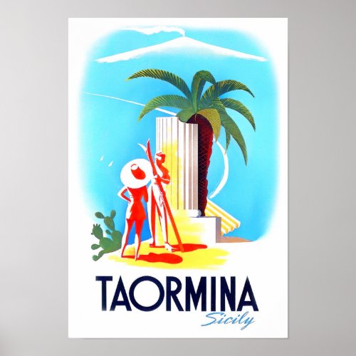 Taormina Sicily Italy vintage travel Poster