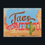 Taos New Mexico Cartoon Desert Vintage Travel Postcard<br><div class="desc">Taos New Mexico neo vintage travel design in funny cartoon retro style featuring the desert,  a cactus and rocks. Blue,  brown and red with green cactus.</div>
