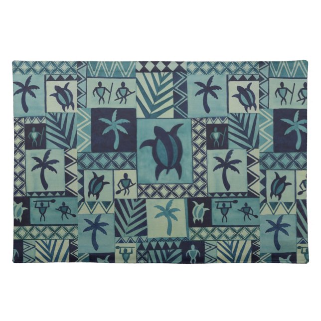 Tapa Blues Hawaiian Petroglyph Warrior Placemat (Front)