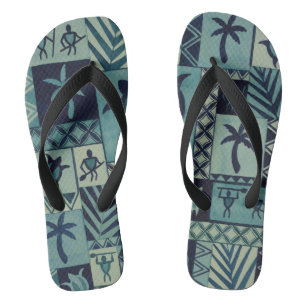 Tapa Blues Hawaiian Petroglyph Warriors Flip Flops