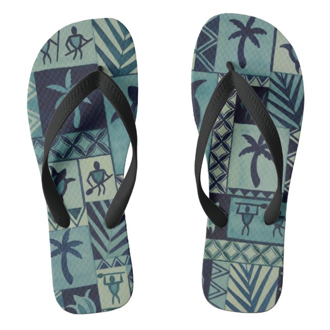 Tapa Blues Hawaiian Petroglyph Warriors Flip Flops (Footbed)