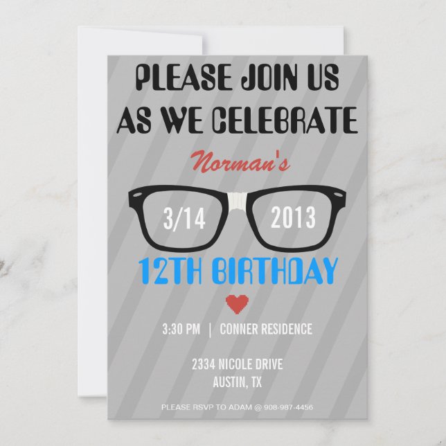 Taped Geek Glasses & Hearts Boy Birthday Invite (Front)