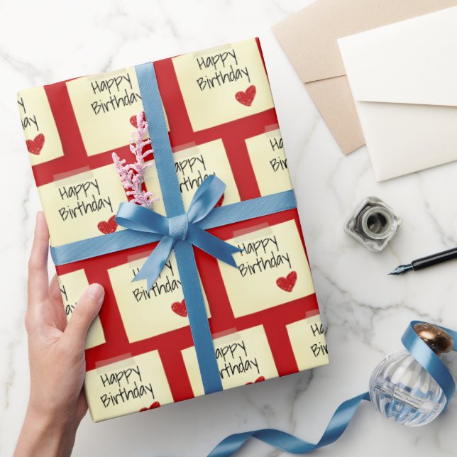 Taped Post It Note With Red Birthday Heart Wrapping Paper (Gifting)