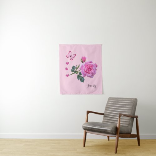 Tapestries Pink Rose Floral Butterfly Hearts