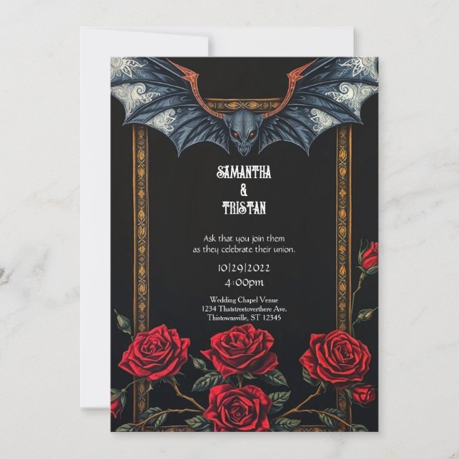 Tapestry Bat and Roses Gothic Wedding Invitation (Front)