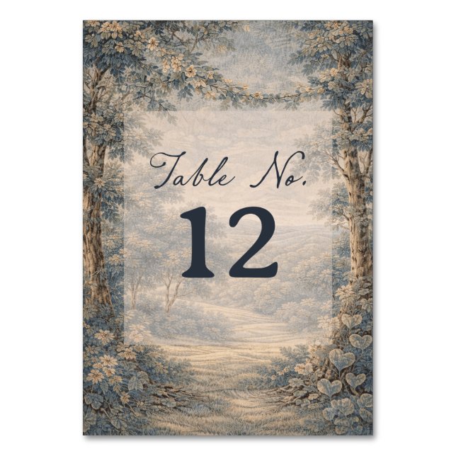 Tapestry Blue Toile Vintage Woodland Table Number (Front)