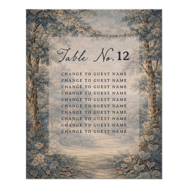 Tapestry Blue Toile wedding table seating chart (Front)