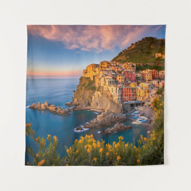 Tapestry Flowers Sunset Cinque Terre Italy Coast (Front)