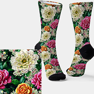 Tapestry Illustration Pink White Gold Flowers Socks