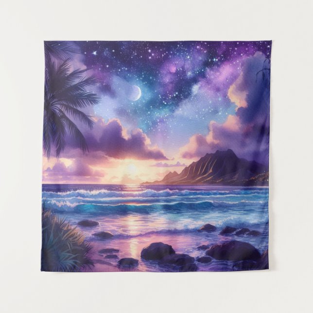 Tapestry Purple Sunset Tropical Beach Moon Art (Front)