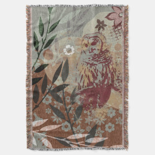 Tapestry Style Owl Leaves Flower Collage Throw Blanket