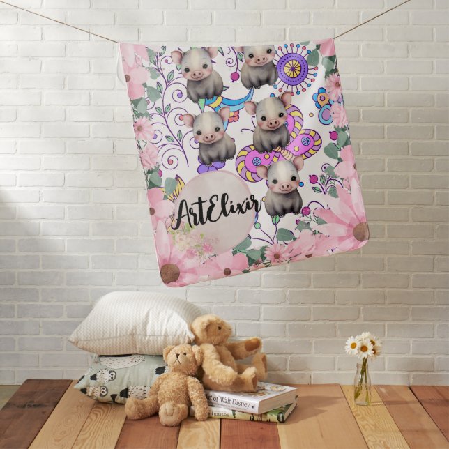 Tapir Floral Pink Flowers Baby Blanket (In Situ)