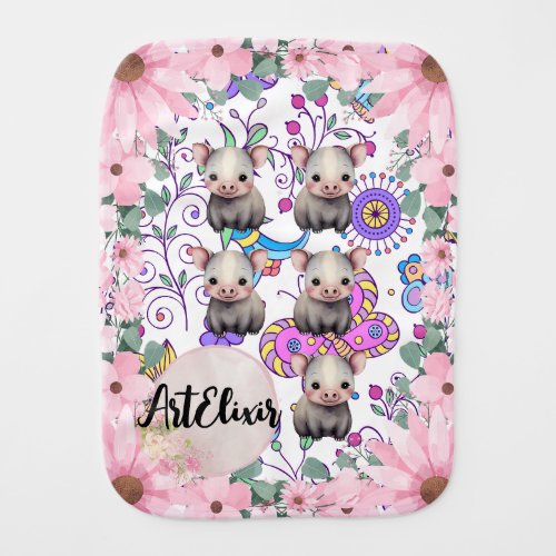 Tapir Floral Pink Flowers  Baby Burp Cloth