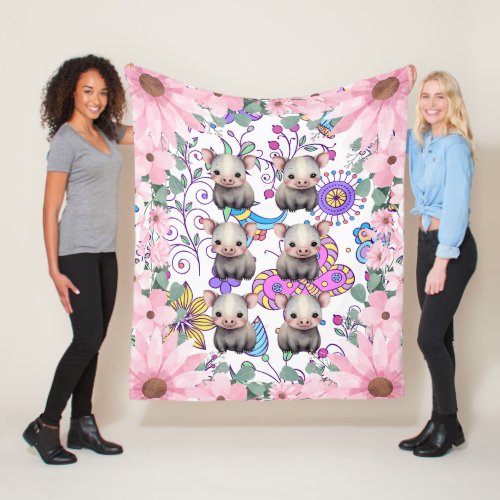 Tapir Floral Pink Flowers Fleece Blanket