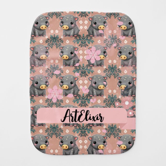 Tapir Pink Floral Background Print Baby Burp Cloth (Front)