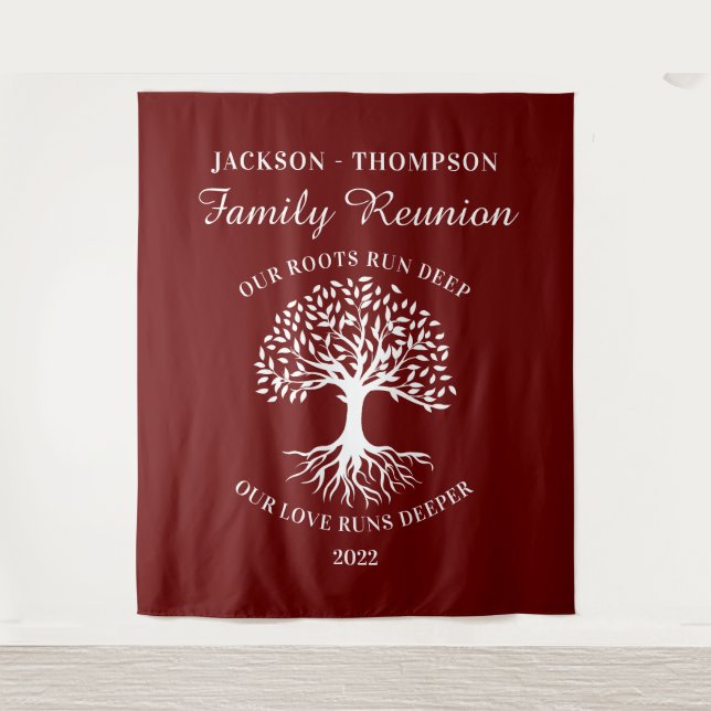 Tapiz Family reunion tree backdrop banner burgundy (Front)