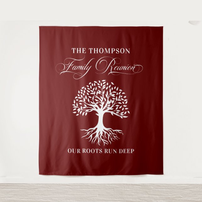 Tapiz Family reunion tree backdrop banner burgundy (Front)