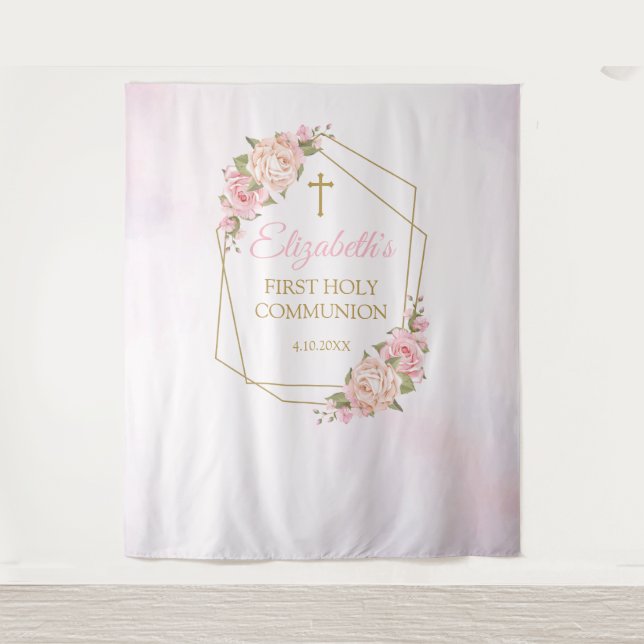 Tapiz Pink Floral Communion Backdrop (Front)