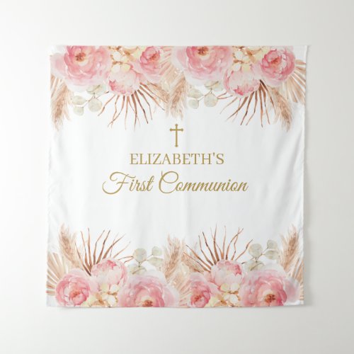 Tapiz Pink Floral First Communion Backdrop banner