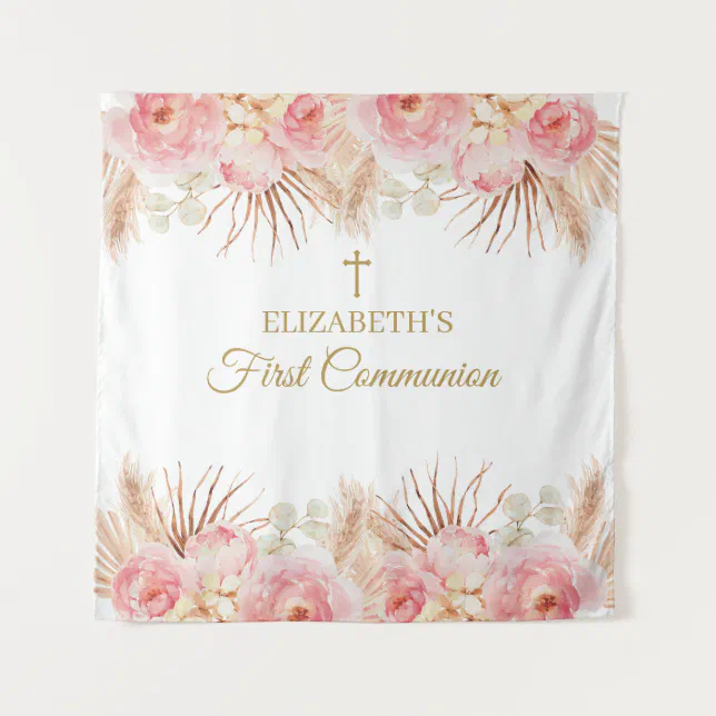 Tapiz Pink Floral First Communion Backdrop banner | Zazzle