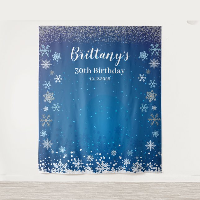Tapiz Snow Blue Winter Birthday Backdrop banner (Front)