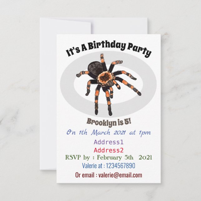Tarantula cartoon illustration invitation (Front)