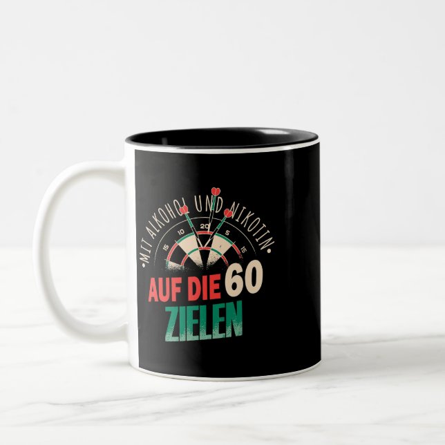 Target with alcohol and nicotine at the 60 darts Two-Tone coffee mug (Left)