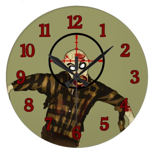 Targeted Zombie Clock - What time is it? It's zombie killing time. Click Customize it to change the background color if you like. It's all about the head shot. Prepare for the coming zombie apocalypse by spreading the word of the coming zombie apocalypse. Target the zombie in the cross hairs. Destroy the head.