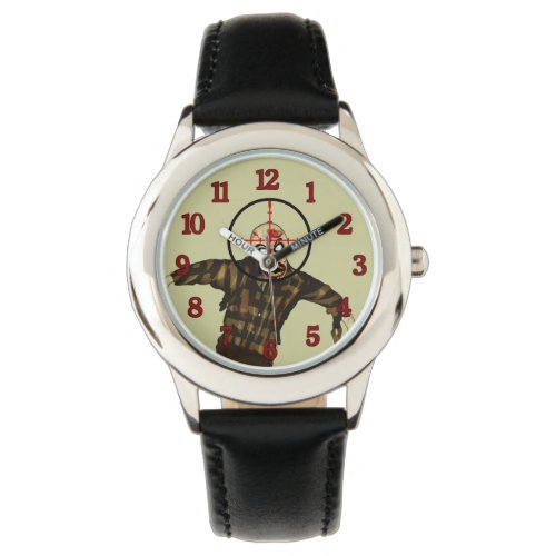 Targeted Zombie Wrist Watch - What time is it? It's zombie killing time. Click Customize it to change the background color if you like. It's all about the head shot. Prepare for the coming zombie apocalypse by spreading the word of the coming zombie apocalypse. Target the zombie in the cross hairs. Destroy the head.