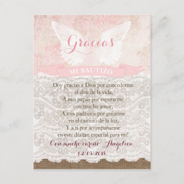 Tarjeta de Gracias con oración para Bautismo Postcard (Front)